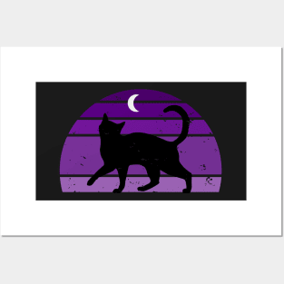 Purple Retro sunset Cat Posters and Art